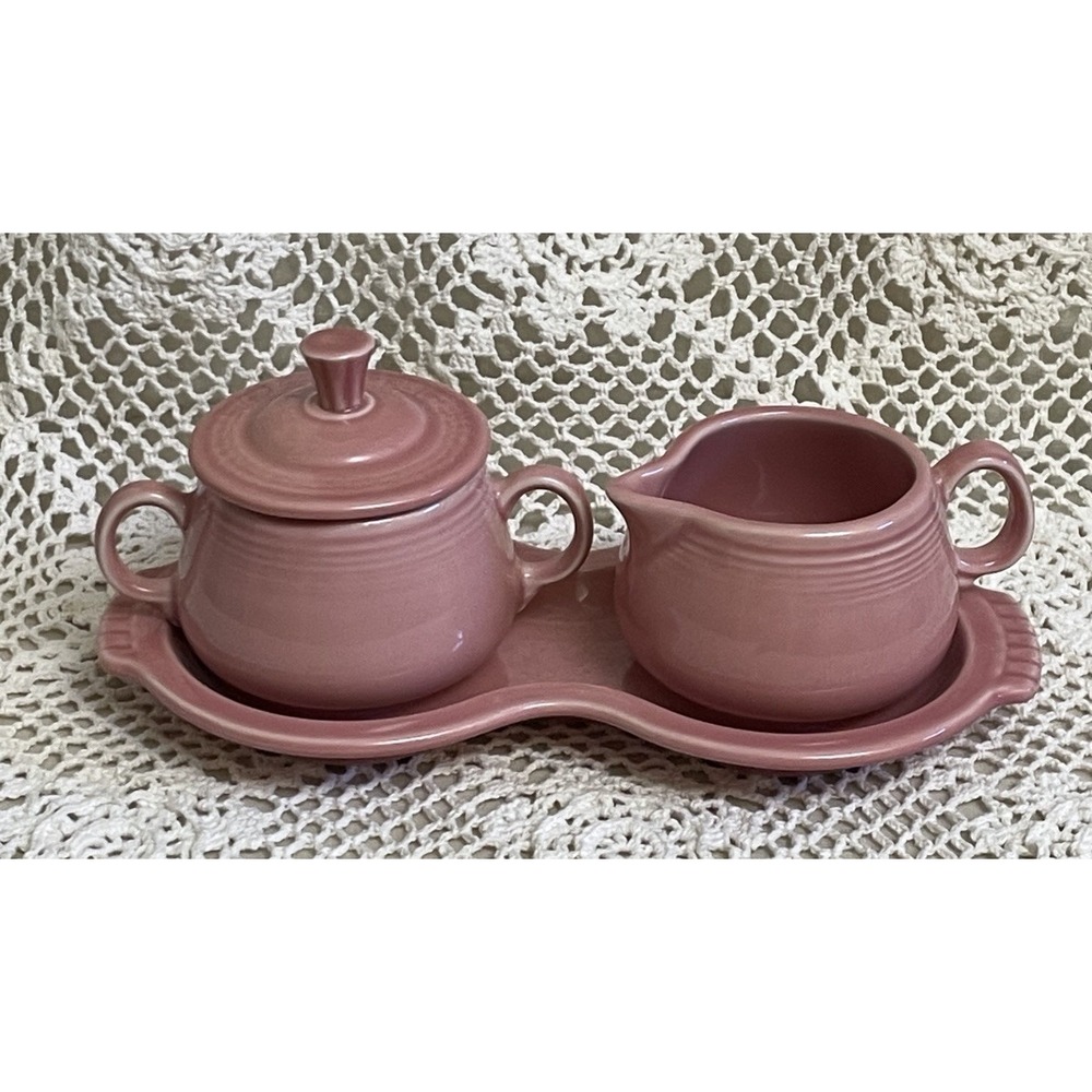 Fiesta Creamer & Sugar Bowl Set With Figure Eight Tray In Peony Pink